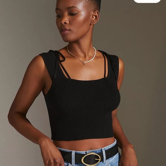 Anthropologie Tops - NWT anthropologie Maeve tie shoulder black ribbed knit tank